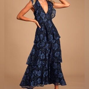 Lulu's Midnight Blue Floral Lace Midi Dress